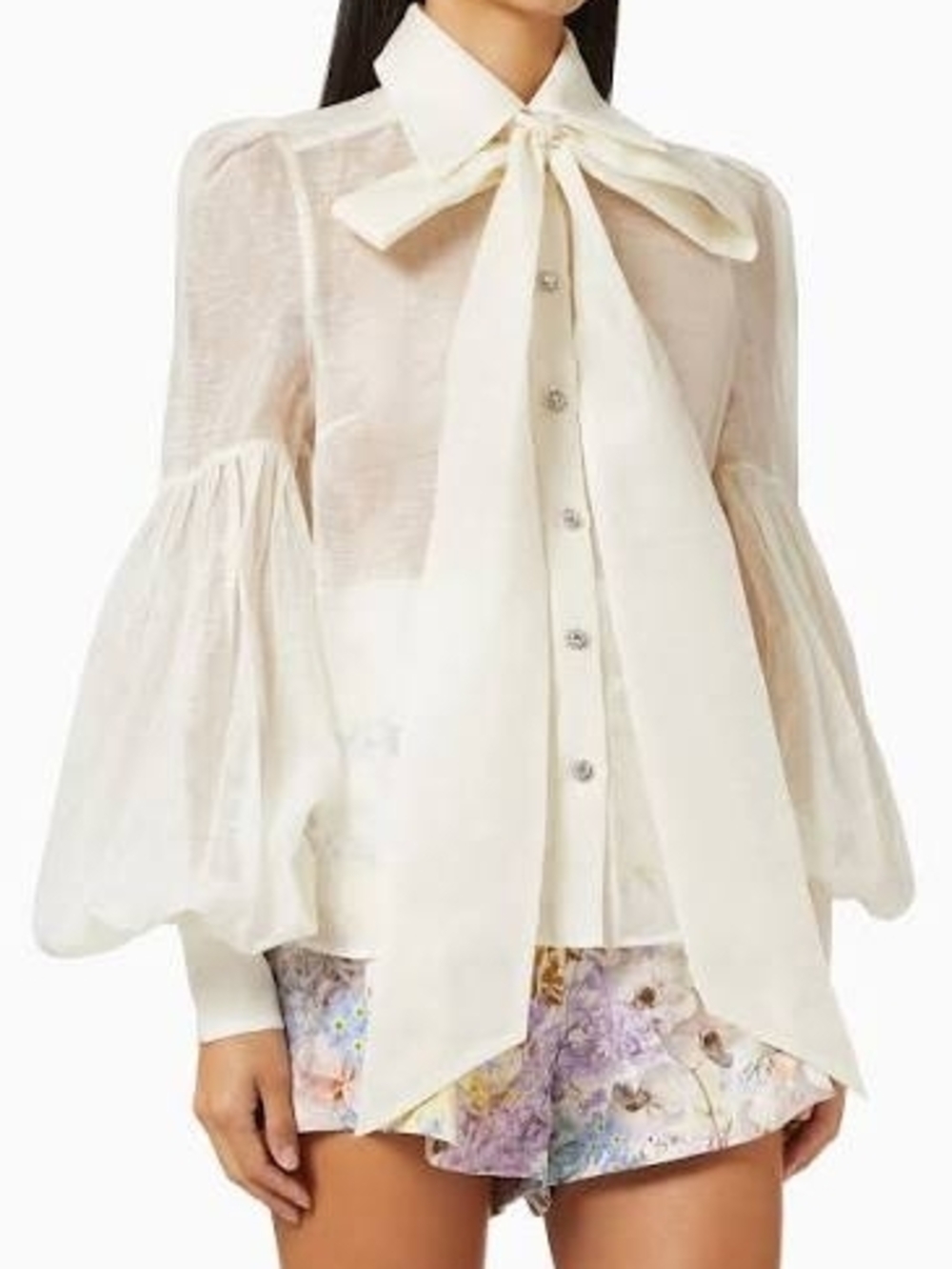 Zimmermann Cream Puff-Sleeve Tie-Neck Blouse - Picture 4 of 8